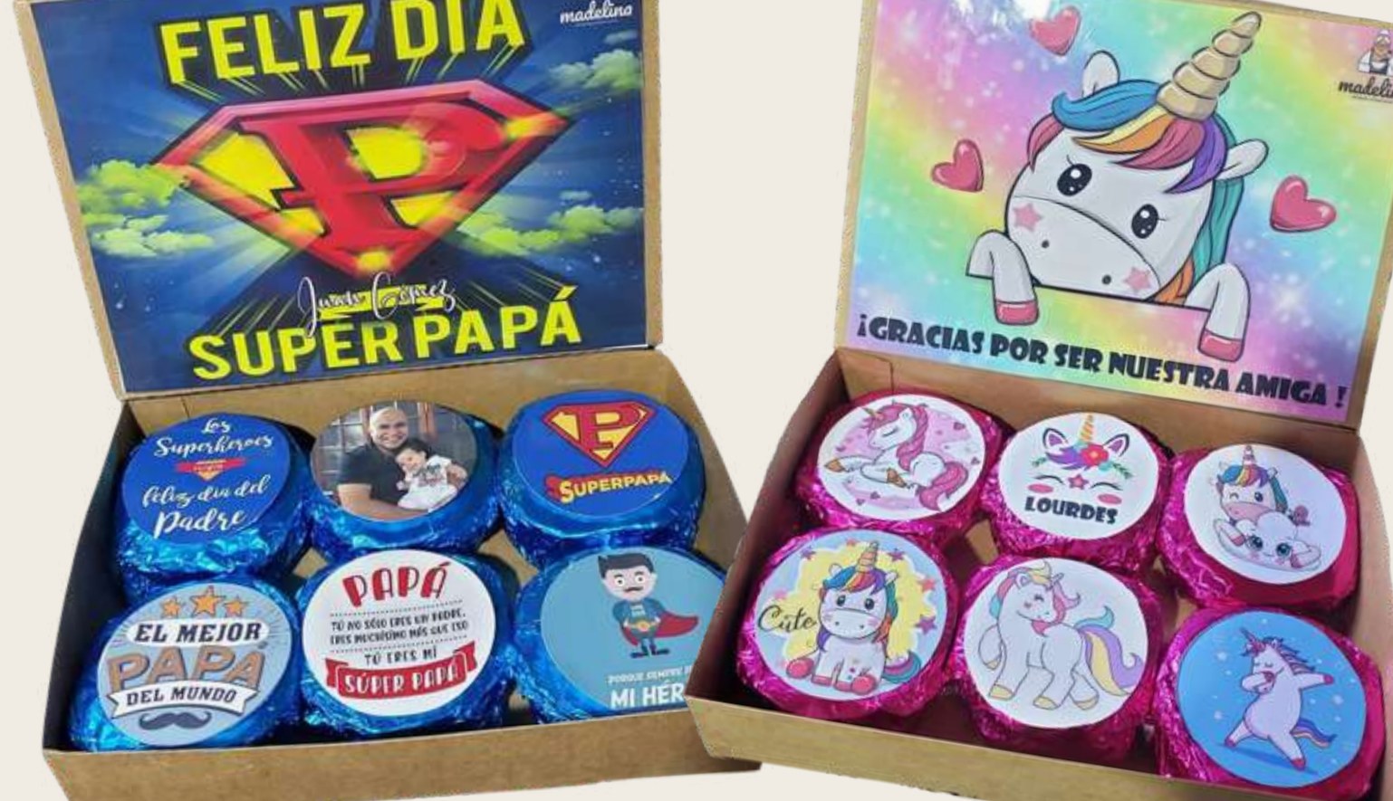 Dos cajas personalizadas Madelina: Superpapá y unicornios, con seis alfajores cada una