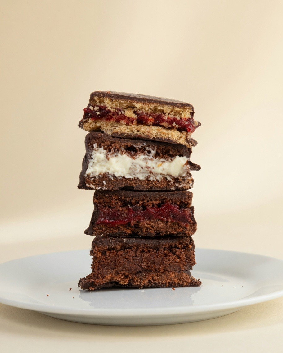 Torre de alfajores Madelina cortados, con rellenos de frutos rojos, crema y chocolate